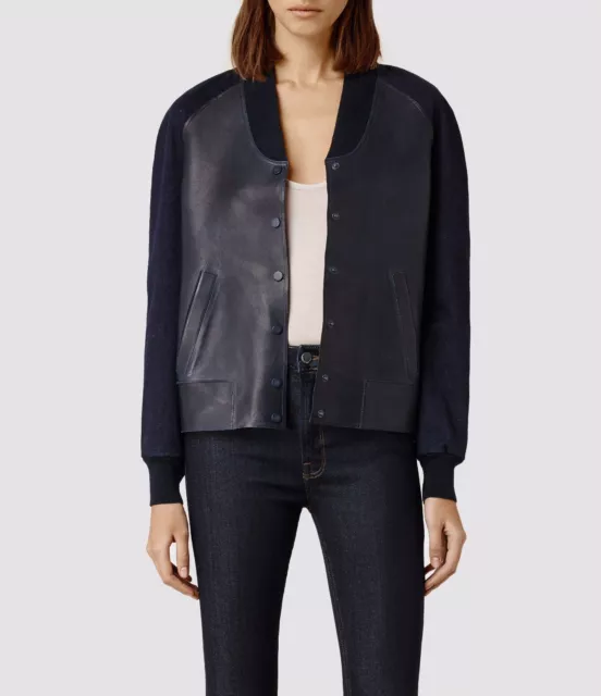 All Saints Ink Indigo Winsor Leather Bomber Biker Jacket UK 10 EURO 38 US 6 BNWT