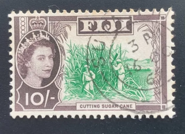 Fiji 1962 QEII Cutting Sugar Cane 10s Emerald and Deep Sepia - Used