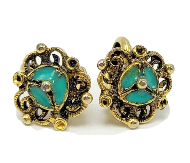 Vintage Goldtone Clip On Earrings Floral Appeal W/Teal Enamel