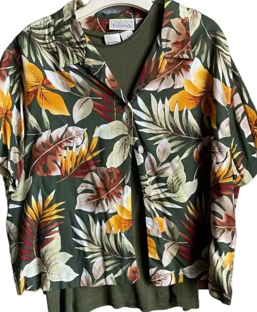 Vtg Basic Editions Hawaiian Shirt Blouse Women Xl Floral Tank Set Button Up Top