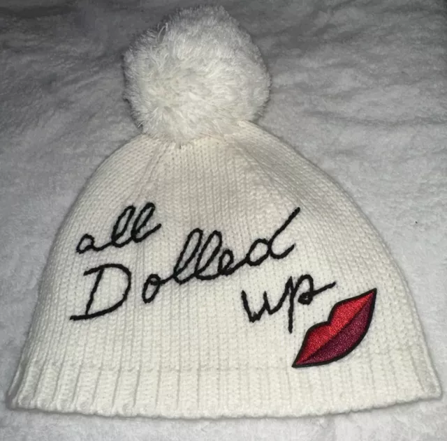 Kate Spade Womens  New York All Dolled Up Beanie Pom Pom Hat - Cream White Black