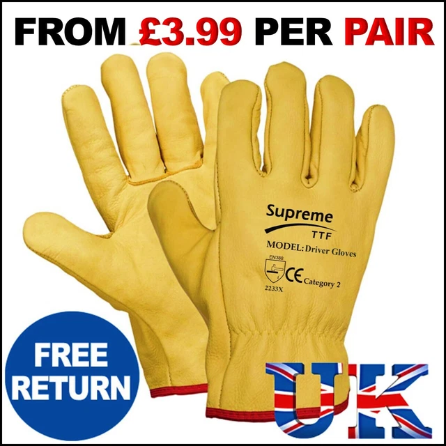 Premium Yellow Leather Driver Work Gloves Fleece Lined Lorry Truck Driving Glove