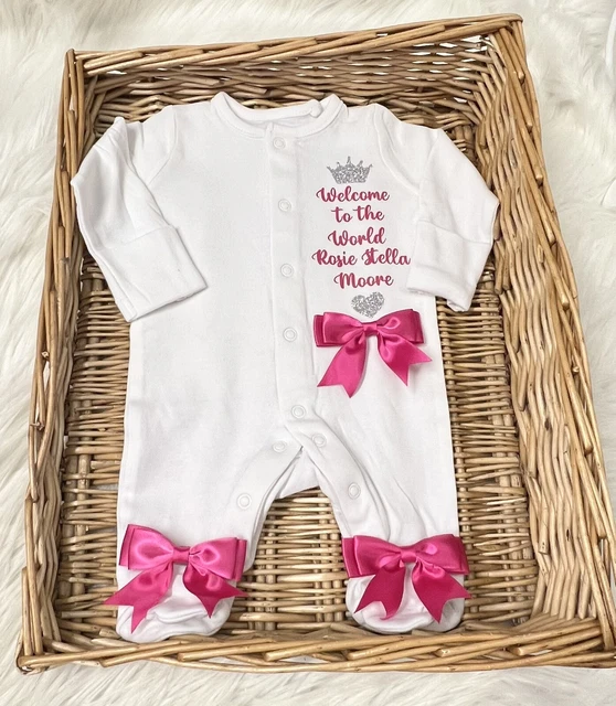 Baby Girl Or Boy Personalised Sleepsuit/Babygrow Newborn Pink Bows