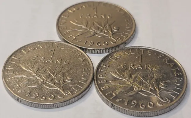 (3) France- 1960 - 1 Franc Coin Small Zero Km#925.1 F. 226/4 (3 Coin Lot) 
