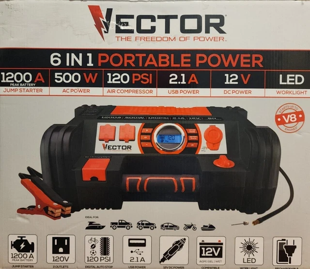 VECTOR 1200 PEAK Amp Jump Starter, Dual Power Inverter, 120 PSI PPRH5V