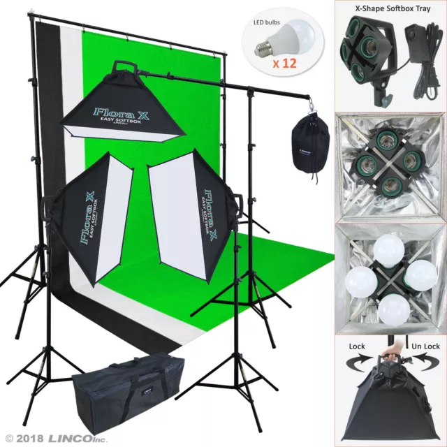 2000 Watt Photo Studio Lighting Kit With 3 Color Muslin Backdrop Stand AM247