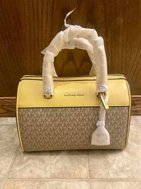 MICHAEL KORS Handbag TRAVEL BAG DUFFEL SATCHEL Purse Logo Yellow Brown NEW