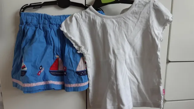 Jojo Maman Bebe Cotton Blue Boat Summer Skirt 18-24mth white t shirt 2-3yrs