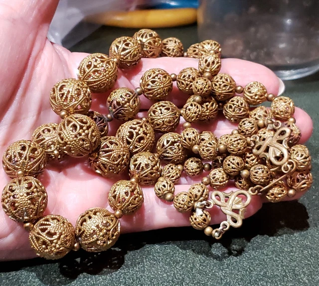 VICTORIAN ART DECO ORNATE 2 STRAND Necklace 1930 Brass GOLD Plate Filigree BEADS