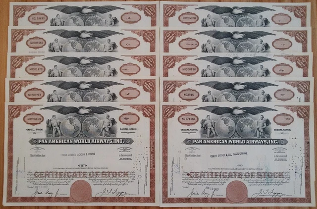 Lot Set x 10 USA 1927 Pan American World Airways ABNC Bond Certificate Stock