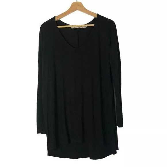 Michael Stars Black Wide V-Neck Ribbed Split Hem Long Sleeve Top OS