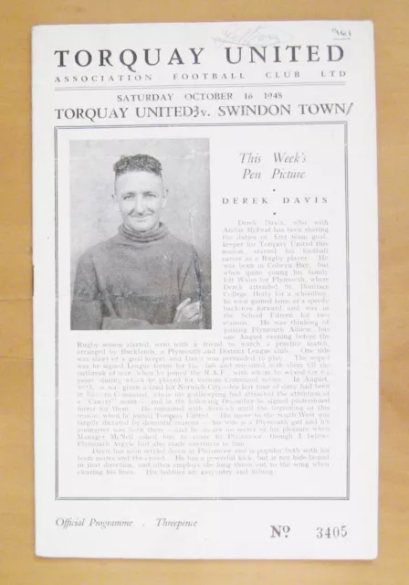 TORQUAY UNITED v SWINDON TOWN 1948/1949 *Fair/Good Condition Football Programme*