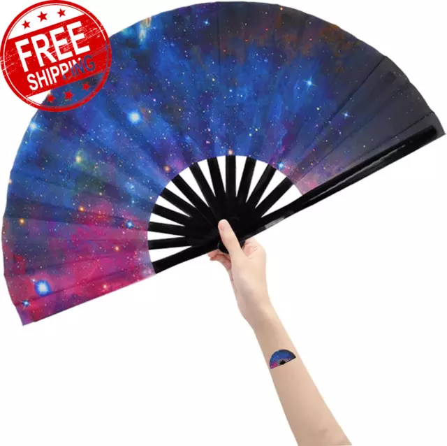 Large Folding Hand Rave Fan for Women/Men, Chinease/Japanese Bamboo and Nylon-Cl