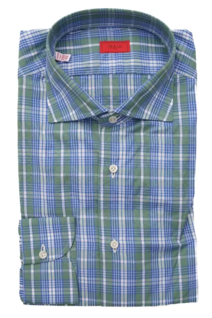 NWT ISAIA Napoli Blue Green Plaid Cotton Spread Collar Dress Shirt 16 1/2 42