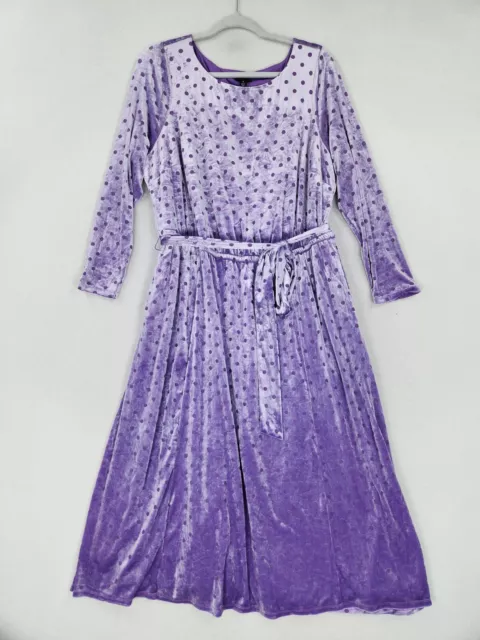 Torrid Dress Women 1X Purple Polka Dot Velvet Long Sleeve Midi Tie Waist Burnout