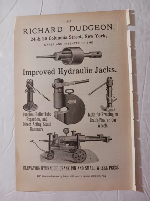 1891 print ad RICHARD DUDGEON Hydraulic railroad Jack Columbia St NYC pictures