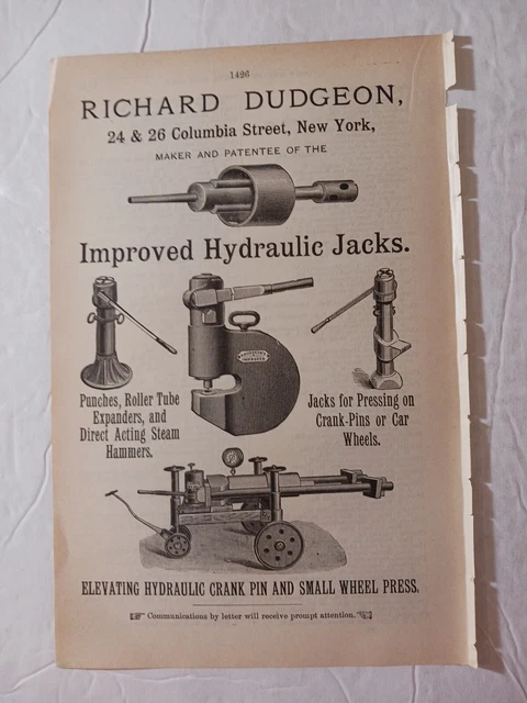 1891 print ad RICHARD DUDGEON Hydraulic railroad Jack Columbia St NYC pictures