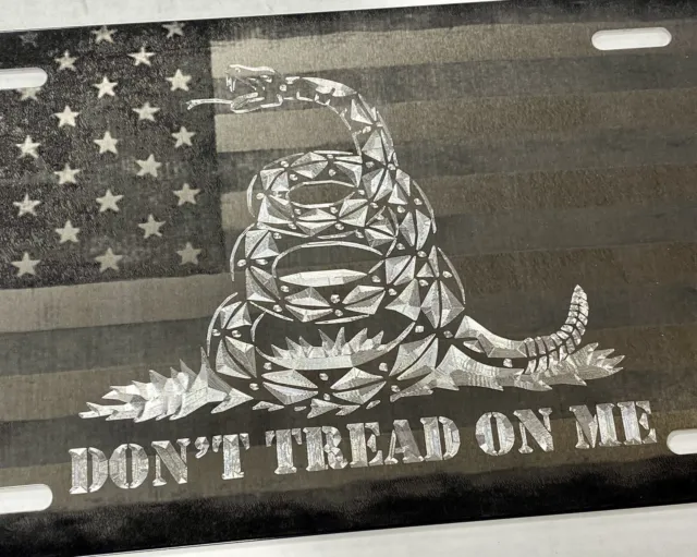 Laser Engraved US Flag & Diamond Etched Don't Tread On Me Gadsden Metal Car Tag