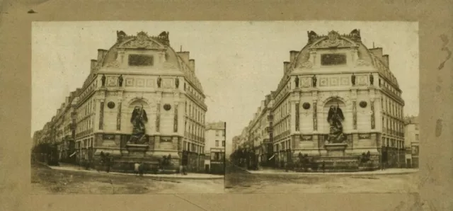 Carte Photo antique stéréoscopique Fontaine Saint Michel Paris