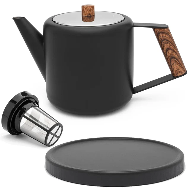 kleine schwarze doppelwandige Edelstahl Teekanne 1.1L & Holzuntersetzer & Filter