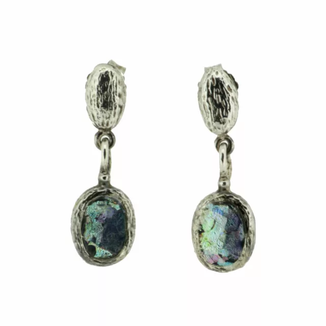 Oval Shaped Ancient Roman Glass Oxidized Dangle Post Sterling Silver Earrings