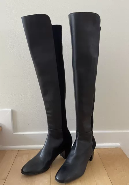 Stuart Weitzman Over The Knee Boots Black Leather Mid Block Heel 5050 8.5, 39