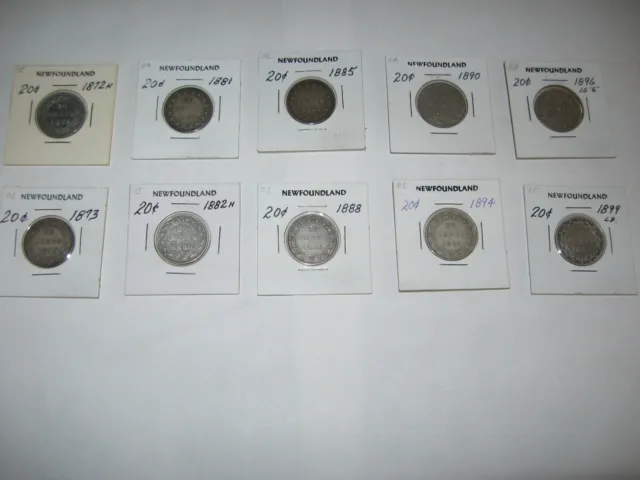 " Lot of 10 " Canada Newfoundland NFLD Twenty 20 Cent Silver Coins Various Years
