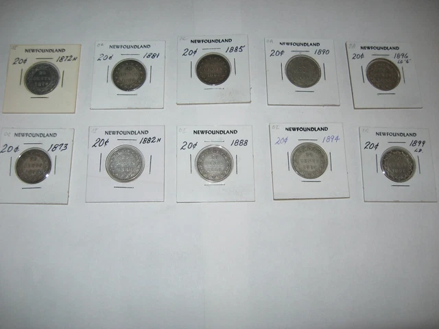 " Lot of 10 " Canada Newfoundland NFLD Twenty 20 Cent Silver Coins Various Years