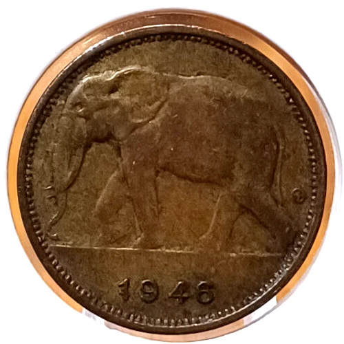 1946 Belgian Congo 1 Franc: Elephant – Brass Coin – Leopold III