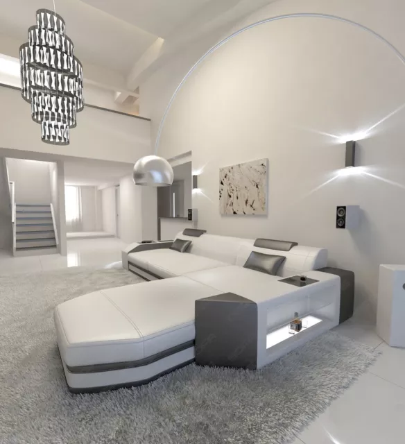 Sofa PRATO L Form Leder Couch mit Beleuchtung und Recamiere Modern Weiß Schwarz