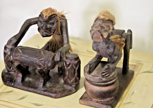 Pair of Native Hand Carved Wood Detailed Tribal  Figures with Drum