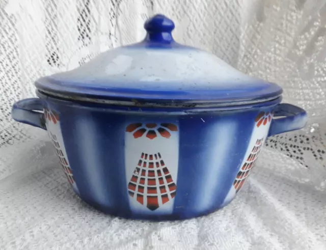 Ancienne Cocotte Faitout Marmite Tôle Émaillée Bleu Art Deco Collection