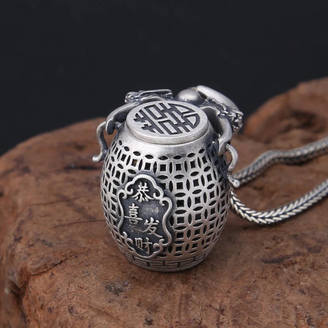 Real S925 Sterling Silver 囍 Hollow Kwu Box Double Dragon Head Handle Jar Pendant