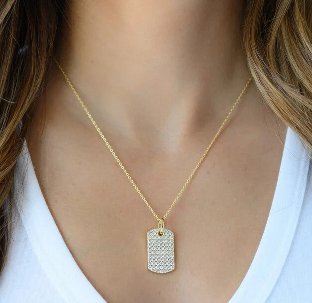 1 Ct Round Real Moissanite Dog Tag Pendant 14k Yellow Gold Plated 925 Silver 18"
