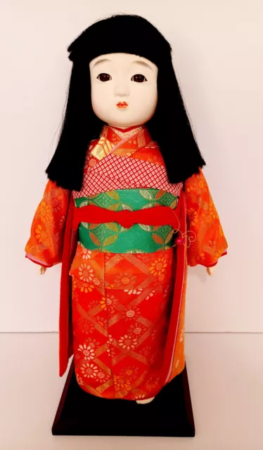 Vintage 1990s Large Japanese Ichimatsu Girl Doll with Orange Kimono, 16 inches