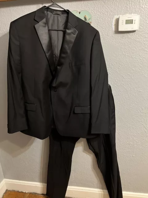 Mens Calvin Klein Black Tuxedo Full Suit Wool Blazer 48R Pants 38×32 ￼ 3