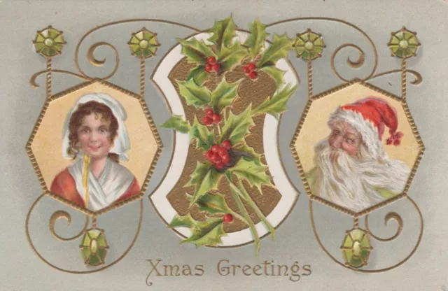 Christmas Santa Claus Octagon Frame Jewels Holly Embossed 1910s postcard H204