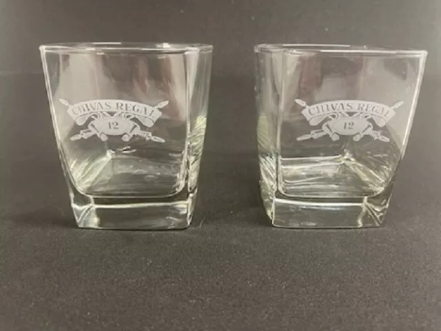 Set of 2 Chivas Regal Aged 12 Years Scotch Rocks Glass Etched Logo 3.5" Tall