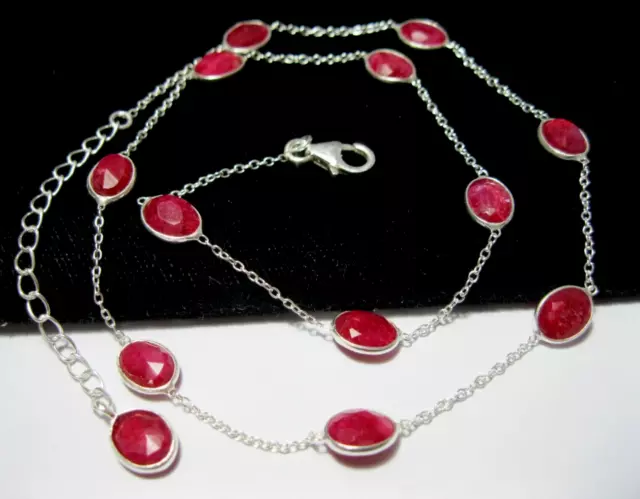 Sterling Silver Natural Ruby Gem Stone Bezel Chain Necklace 18" Long