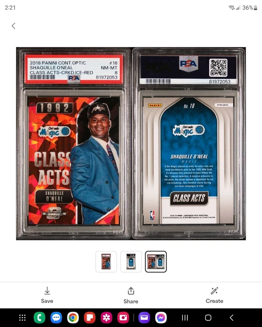 2018 Contenders Optic Shaquille O'Neal Class Acts -cracked Ice Red #16 PSA 8
