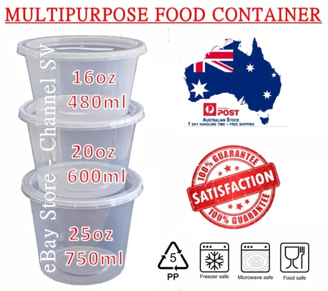 NEW Round Take away Food Container Plastic Lid Bulk 16-20-25oz 480ml 600ml 750ml