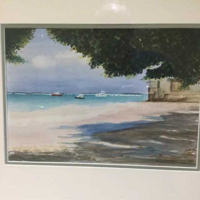 Original Watercolour Painting, Mounted And Framed, Idilic Deserted Beach Scene