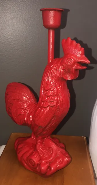 Antique wrought iron/metal red rooster. Doorstop/candleholder 5lbs. HEN FEATHERS