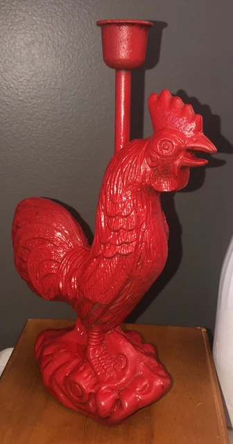 Antique wrought iron/metal red rooster. Doorstop/candleholder 5lbs. HEN FEATHERS