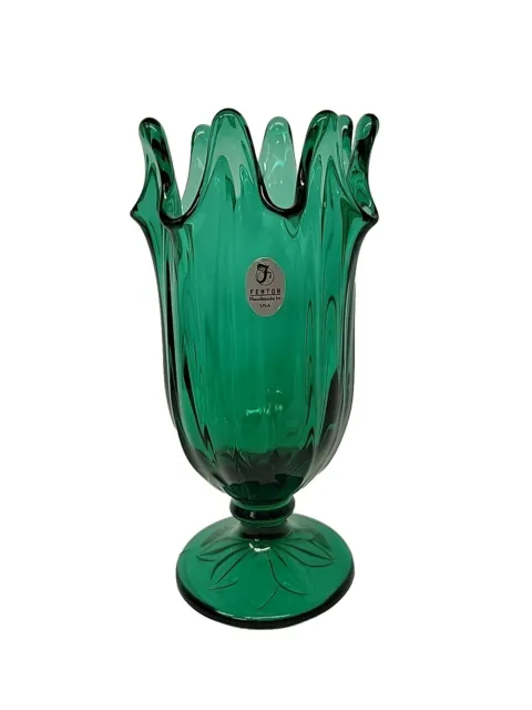 Fenton Art Glass Emerald Green Footed Vase Original Label Pulled Edge