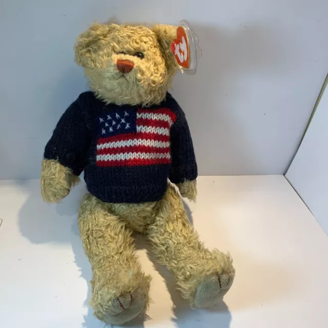 Ty Grant Attic Treasure Jointed Curly Teddy Bear USA Flag Jumper Toy Plush 3