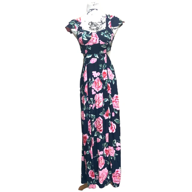 Billabong Cut Out Side Floral Blue Multicolor Maxi Dress Size Xs Extra Small J12