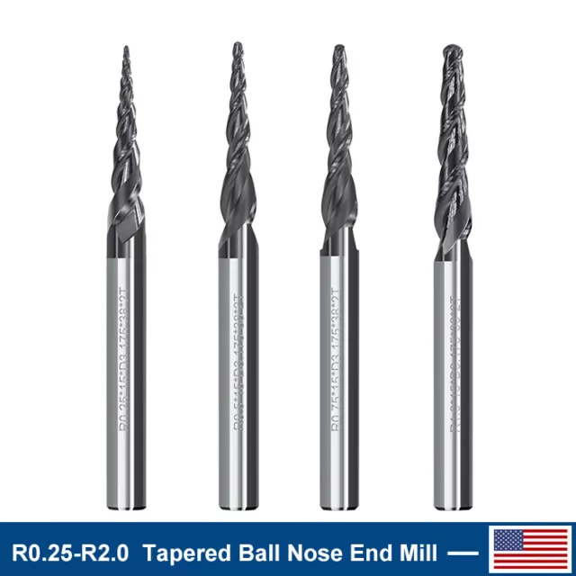 2 Flute 3.175 Shank Tapered Ball Nose End Mill R0.25-R1.0 HRC55 CNC Router Bit