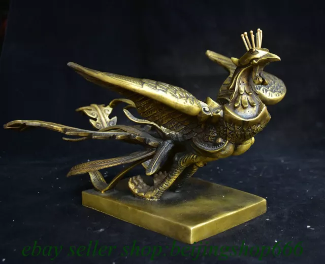 12" Chinese Pure Brass Fengshui Phoenix Bird Statue Sculpture 2