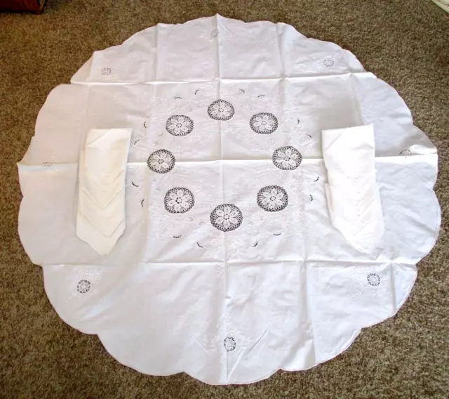 Vtg Tablecloth Napkin Set White Cotton Lace Cutwork Crochet Round 63" Battenburg